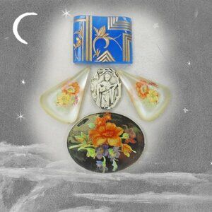 Rare Vintage Cabochons, Mirror & Matte Glass Decal Cab, Asian Metal, Art Nouveau
